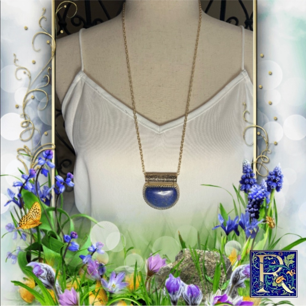 Vintage Barse Dark Lapis Lazuli Blue Cabochon Pendant Necklace and earrings set​